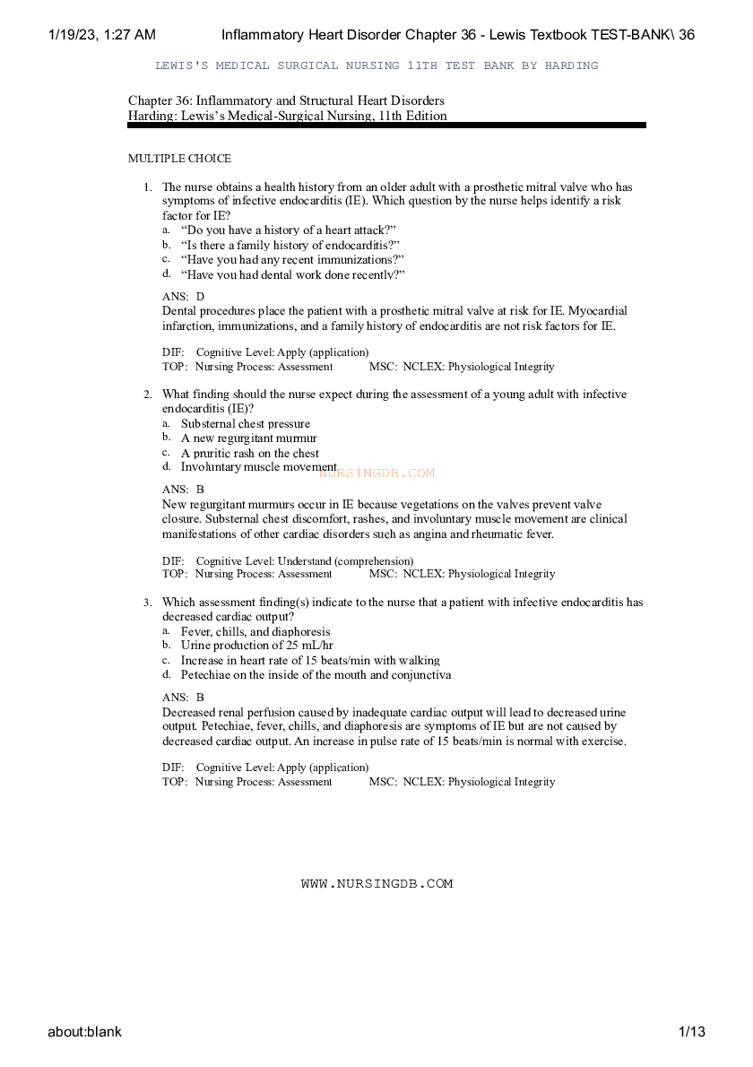Preview image for Inflammatory Heart Disorder Chapter 36 - Lewis Textbook TEST-BANK\ 36